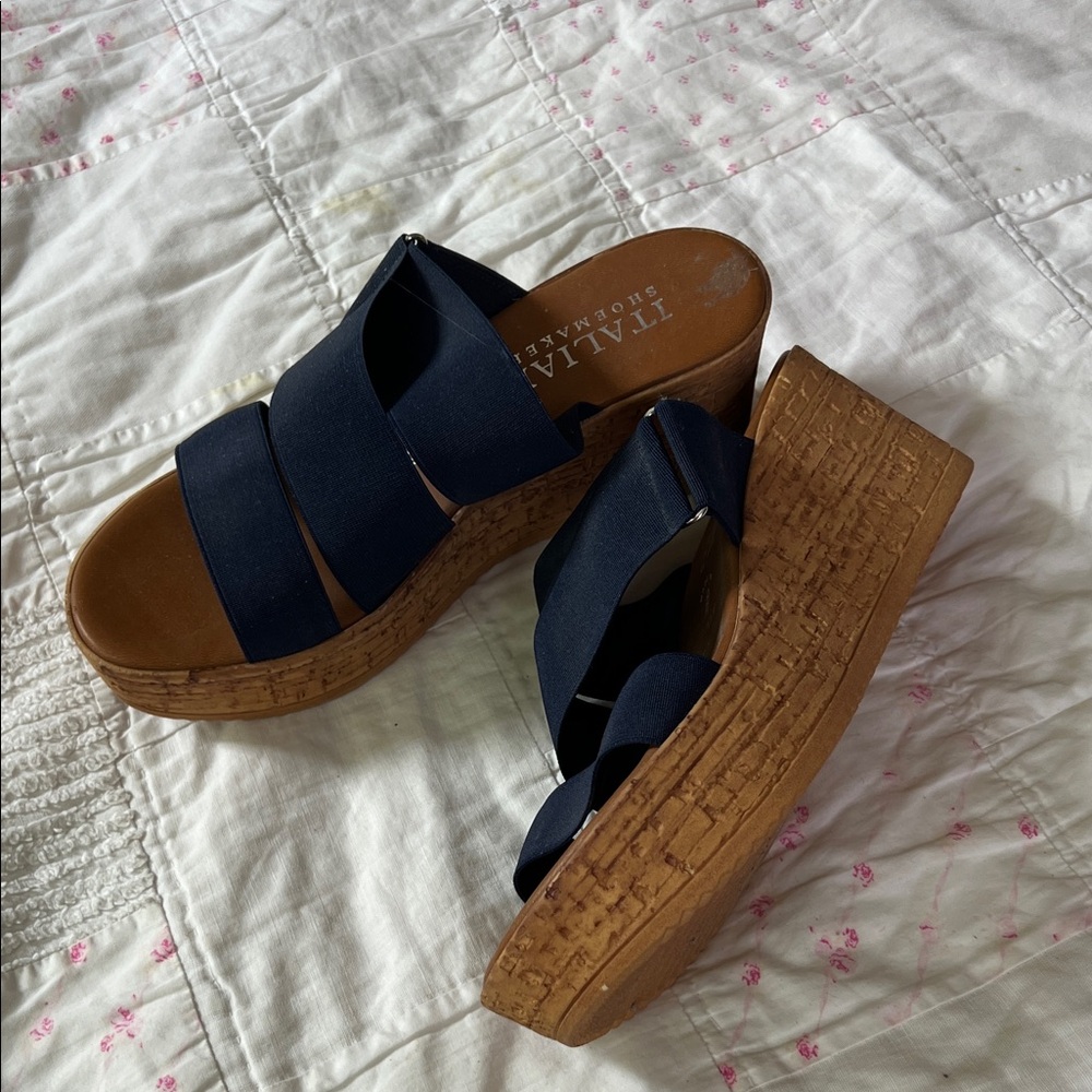 Navy Cork Wedge Sandals - Platform Slide